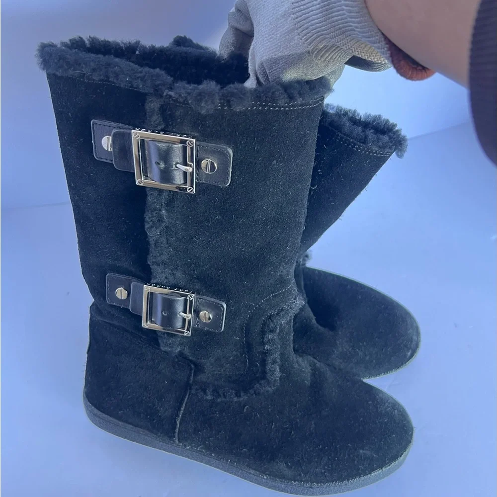 Tory Burch Black Suede Shearling-Lined‎ Buckle Ankle Boots